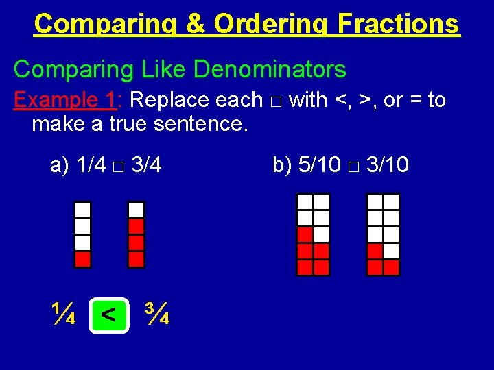 Comparing & Ordering Fractions Comparing Like Denominators Example 1: Replace each □ with <,