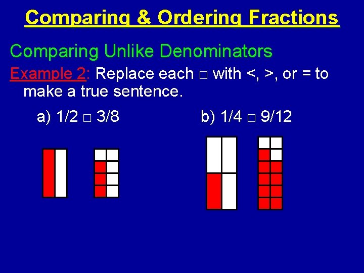 Comparing & Ordering Fractions Comparing Unlike Denominators Example 2: Replace each □ with <,
