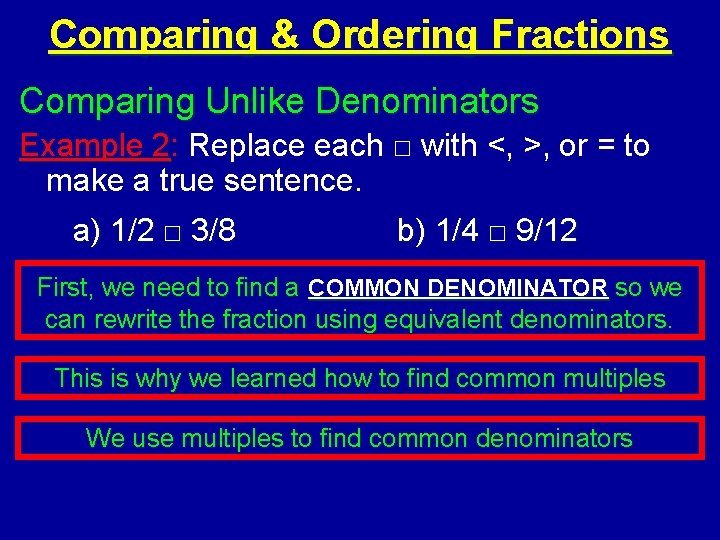 Comparing & Ordering Fractions Comparing Unlike Denominators Example 2: Replace each □ with <,