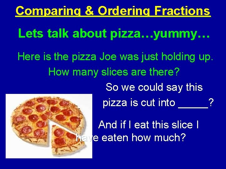 Comparing & Ordering Fractions Lets talk about pizza…yummy… Here is the pizza Joe was