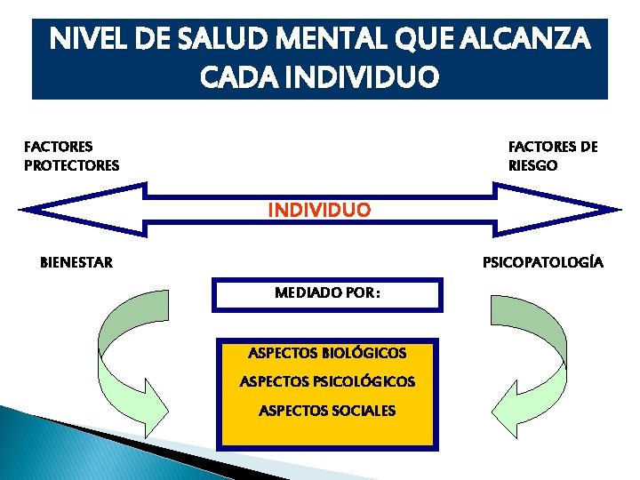 NIVEL DE SALUD MENTAL QUE ALCANZA CADA INDIVIDUO FACTORES PROTECTORES FACTORES DE RIESGO INDIVIDUO