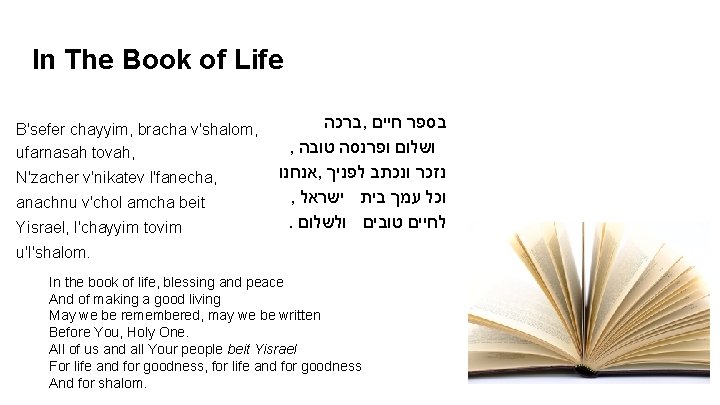 In The Book of Life B'sefer chayyim, bracha v'shalom, ufarnasah tovah, N'zacher v'nikatev l'fanecha,