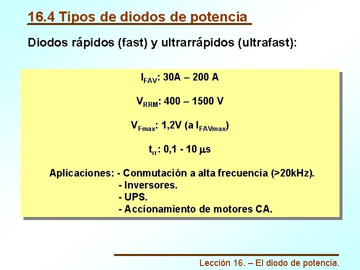 16. 4 Tipos de diodos de potencia Diodos rápidos (fast) y ultrarrápidos (ultrafast): IFAV: