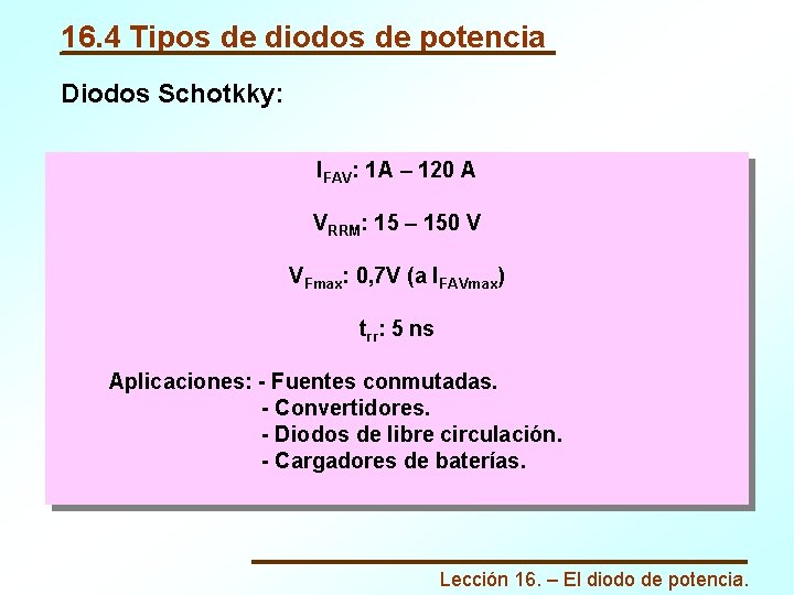 16. 4 Tipos de diodos de potencia Diodos Schotkky: IFAV: 1 A – 120