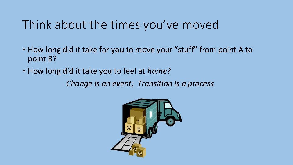 Think about the times you’ve moved • How long did it take for you