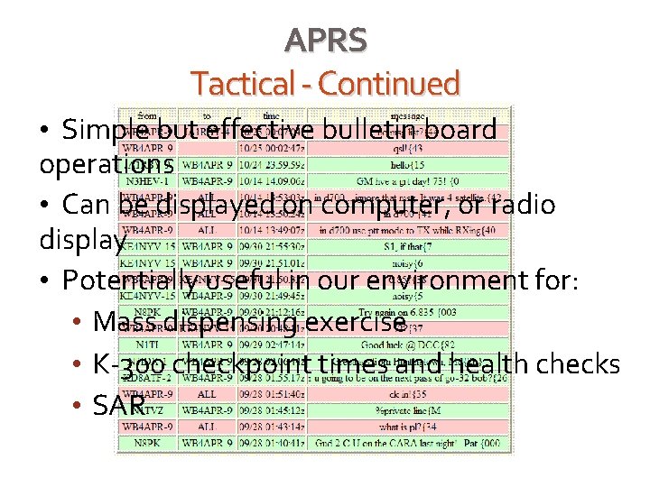 APRS Tactical - Continued • Simple but effective bulletin board operations • Can be