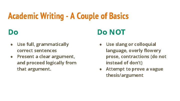 Academic Writing - A Couple of Basics Do ● Use full, grammatically correct sentences
