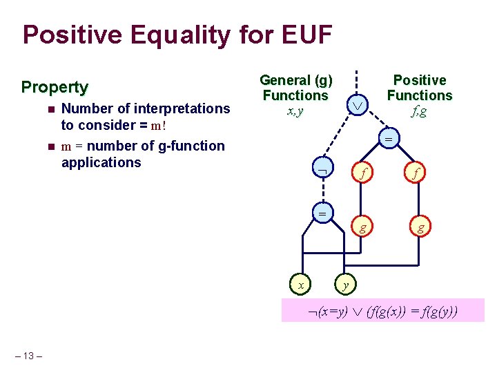 Positive Equality for EUF Property n n Number of interpretations to consider = m!