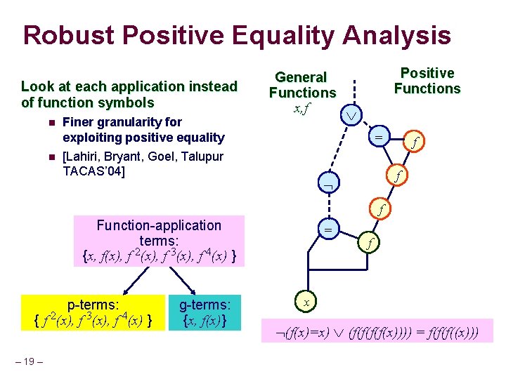 Robust Positive Equality Analysis Look at each application instead of function symbols n n