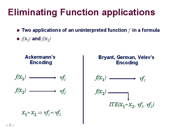 Eliminating Function applications n Two applications of an uninterpreted function f in a formula