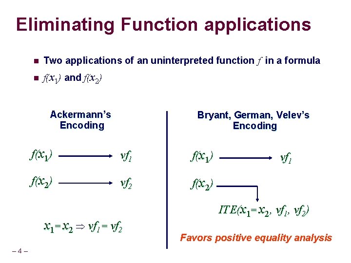 Eliminating Function applications n Two applications of an uninterpreted function f in a formula