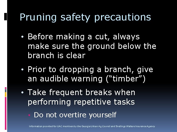 Pruning safety precautions • Before making a cut, always make sure the ground below