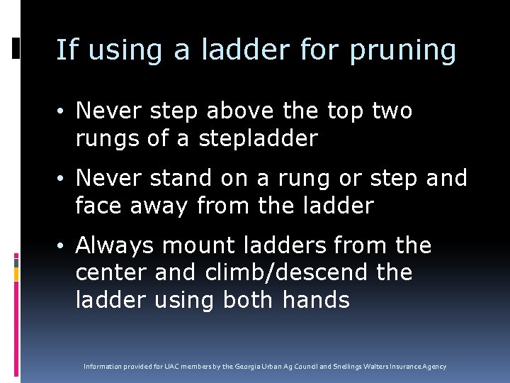 If using a ladder for pruning • Never step above the top two rungs