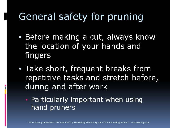 General safety for pruning • Before making a cut, always know the location of