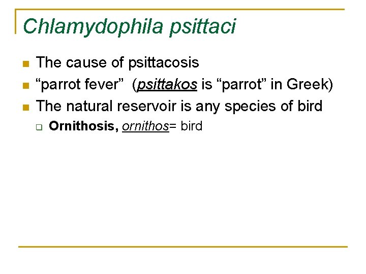 Chlamydophila psittaci n n n The cause of psittacosis “parrot fever” (psittakos is “parrot”