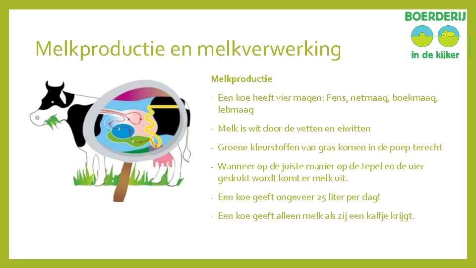 Melkproductie en melkverwerking Melkproductie - Een koe heeft vier magen: Pens, netmaag, boekmaag, lebmaag