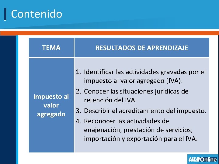 Contenido TEMA RESULTADOS DE APRENDIZAJE 1. Identificar las actividades gravadas por el impuesto al
