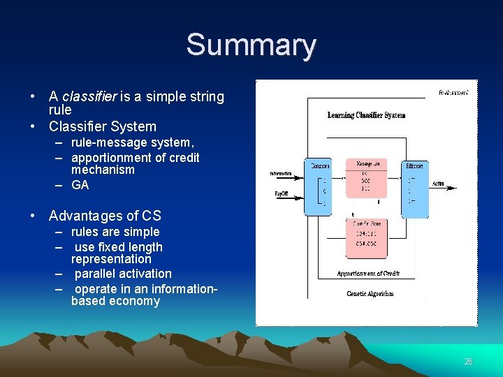 Summary • A classifier is a simple string rule • Classifier System – rule-message