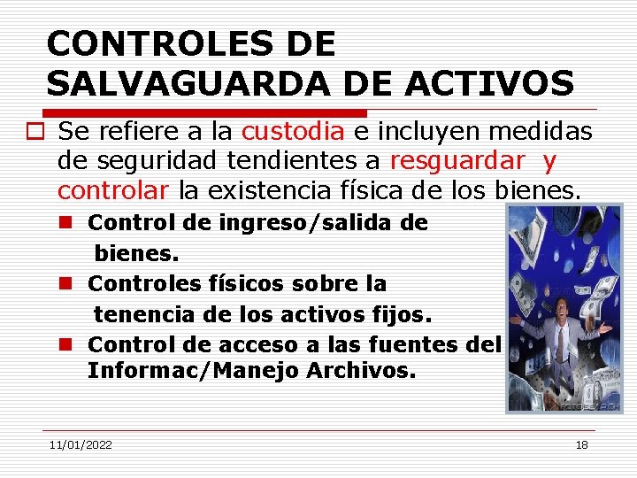 CONTROLES DE SALVAGUARDA DE ACTIVOS o Se refiere a la custodia e incluyen medidas