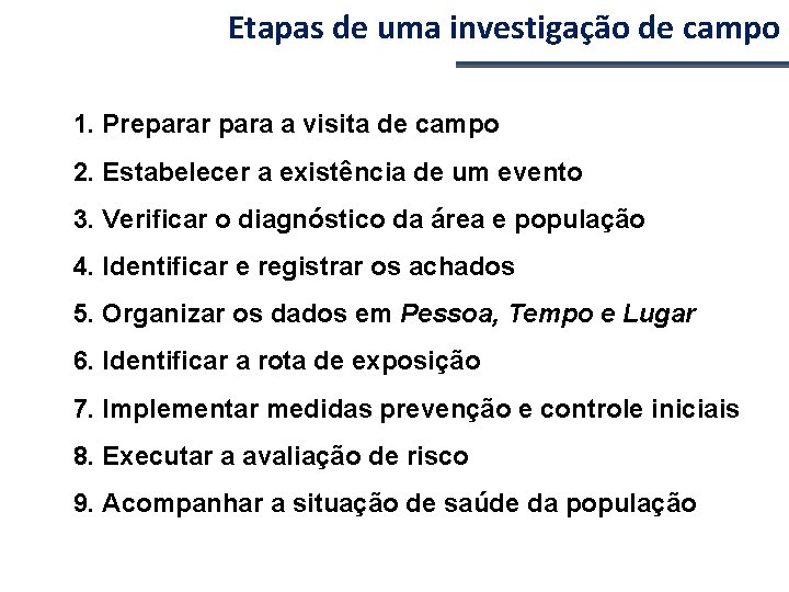 Etapas de uma investigação de campo 1. Preparar para a visita de campo 2.