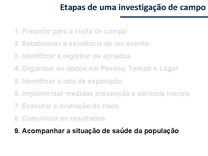 Etapas de uma investigação de campo 1. Preparar para a visita de campo 2.