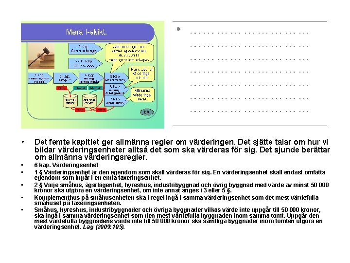  • Det femte kapitlet ger allmänna regler om värderingen. Det sjätte talar om