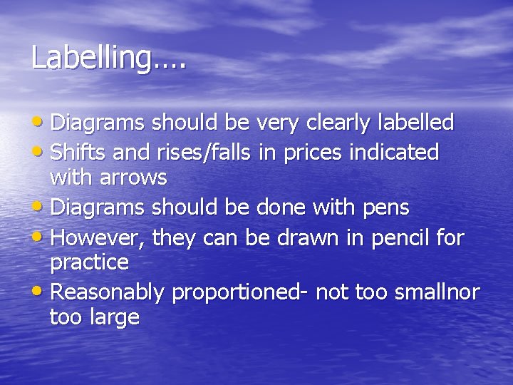 Labelling…. • Diagrams should be very clearly labelled • Shifts and rises/falls in prices