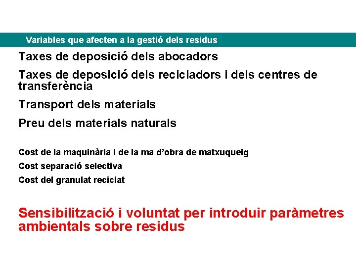 Variables que afecten a la gestió dels residus Taxes de deposició dels abocadors Taxes