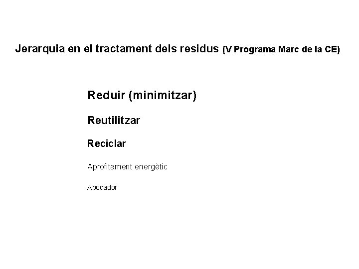 Jerarquia en el tractament dels residus (V Programa Marc de la CE) Reduir (minimitzar)