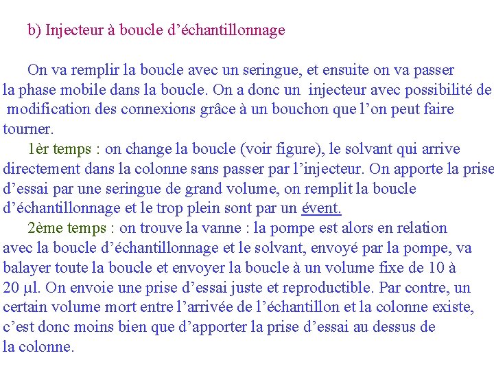 b) Injecteur à boucle d’échantillonnage On va remplir la boucle avec un seringue, et