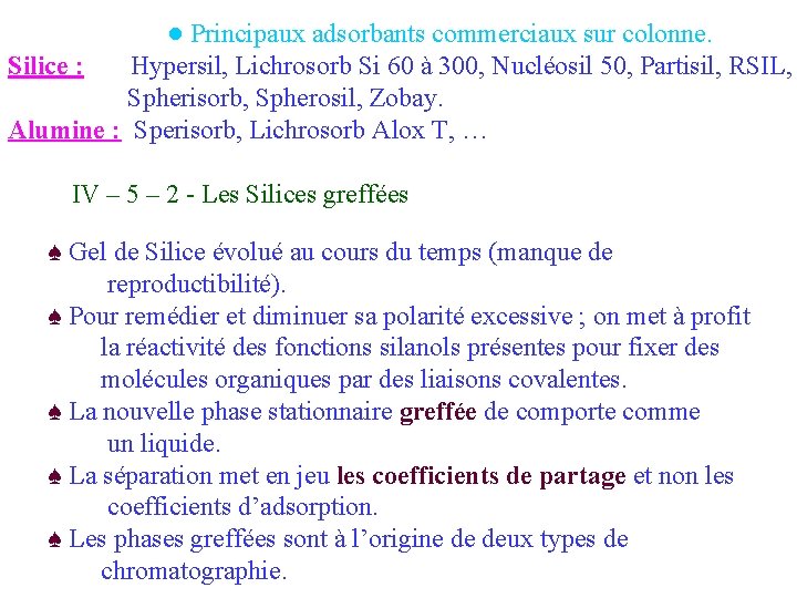 ● Principaux adsorbants commerciaux sur colonne. Silice : Hypersil, Lichrosorb Si 60 à 300,