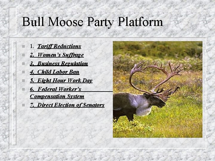 Bull Moose Party Platform n n n n 1. Tariff Reductions 2. Women’s Suffrage