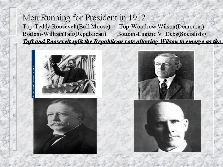 Men Running for President in 1912 Top-Teddy Roosevelt(Bull Moose) Top-Woodrow Wilson(Democrat) Bottom-William. Taft(Republican) Bottom-Eugene