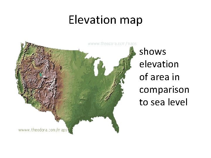 Elevation map shows elevation of area in comparison to sea level 