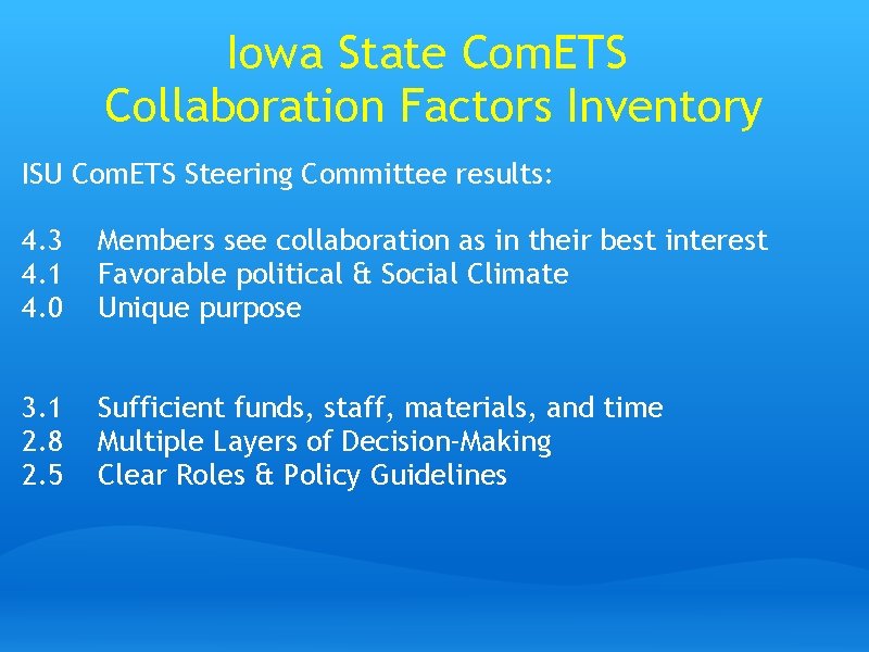 Iowa State Com. ETS Collaboration Factors Inventory ISU Com. ETS Steering Committee results: 4.