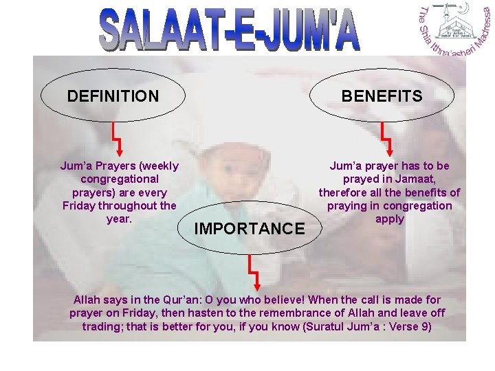 DEFINITION Jum’a Prayers (weekly congregational prayers) are every Friday throughout the year. BENEFITS IMPORTANCE