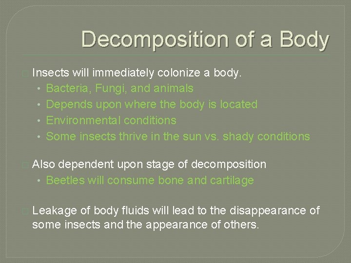 Decomposition of a Body � Insects will immediately colonize a body. • Bacteria, Fungi,