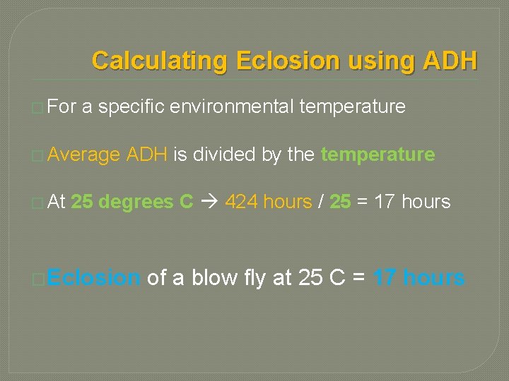 Calculating Eclosion using ADH � For a specific environmental temperature � Average � At