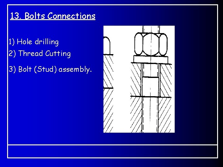 13. Bolts Connections 1) Hole drilling 2) Thread Cutting 3) Bolt (Stud) assembly. 