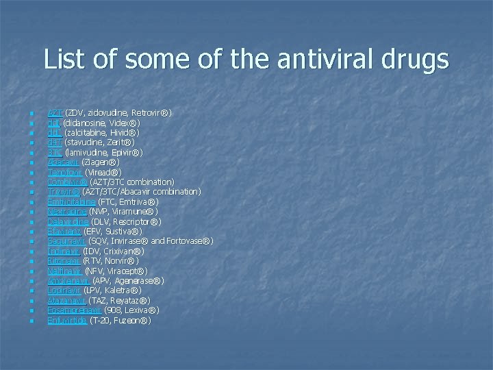 List of some of the antiviral drugs n n n n n n AZT