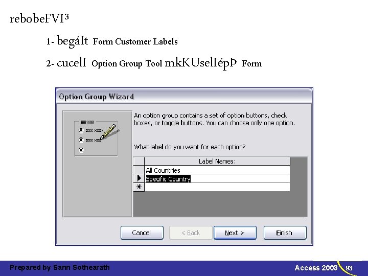 rebobe. FVI³ 1 - begáIt Form Customer Labels 2 - cucel. I Option Group