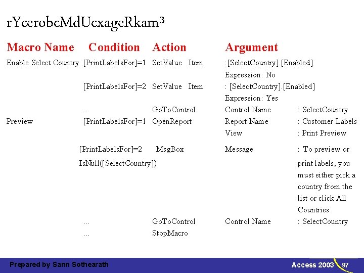 r. Ycerobc. Md. Ucxage. Rkam³ Macro Name Condition Action Enable Select Country [Print. Labels.