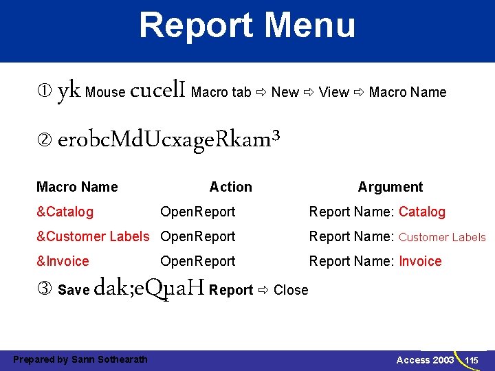 Report Menu yk cucel. I erobc. Md. Ucxage. Rkam³ Mouse Macro tab New View