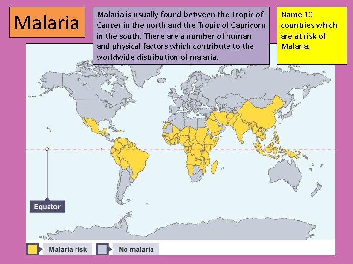 Malaria is usually found between the Tropic of Cancer in the north and the
