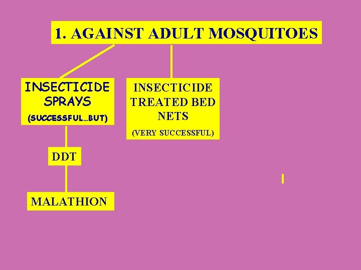 1. AGAINST ADULT MOSQUITOES INSECTICIDE SPRAYS (SUCCESSFUL…BUT) INSECTICIDE TREATED BED NETS (VERY SUCCESSFUL) DDT