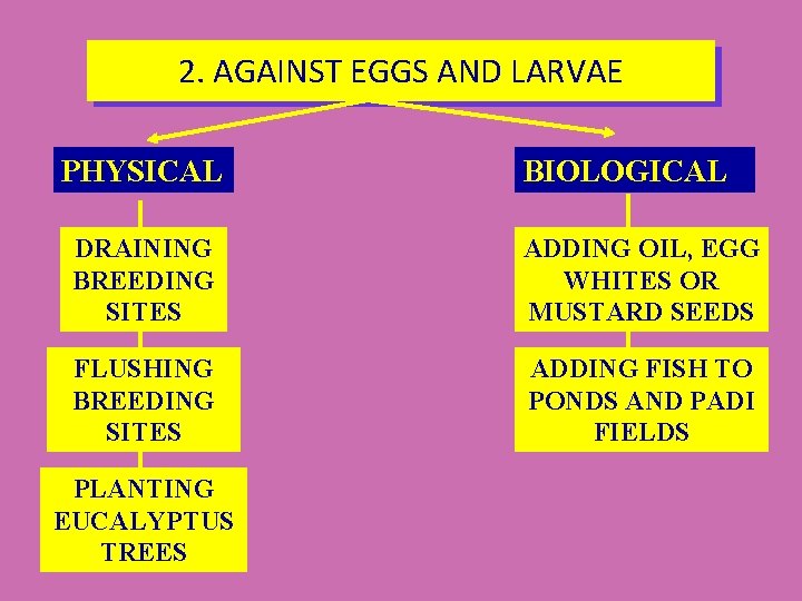 2. AGAINST EGGS AND LARVAE PHYSICAL BIOLOGICAL DRAINING BREEDING SITES ADDING OIL, EGG WHITES