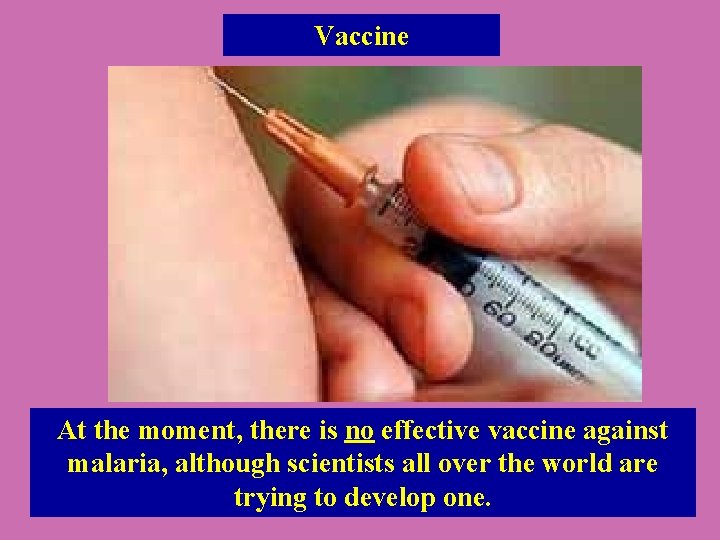 Vaccine At the moment, there is no effective vaccine against malaria, although scientists all