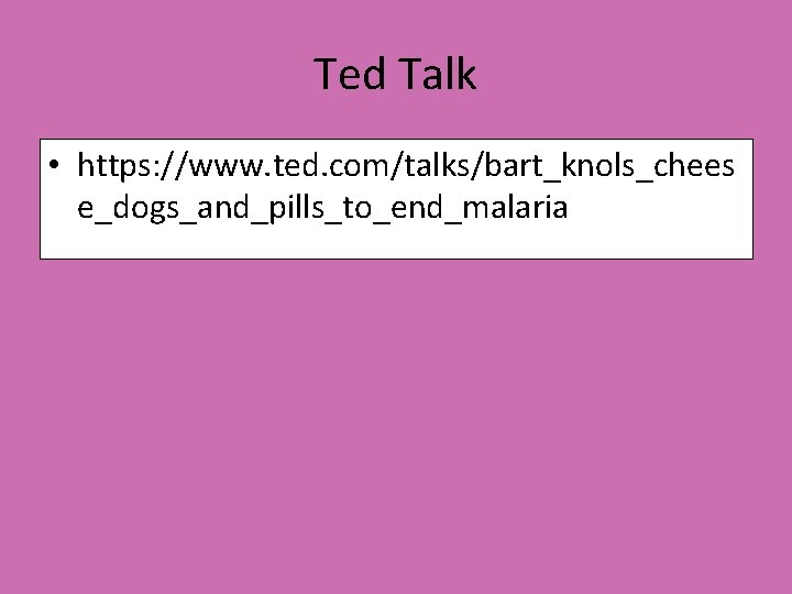 Ted Talk • https: //www. ted. com/talks/bart_knols_chees e_dogs_and_pills_to_end_malaria 