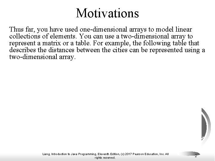 Motivations Thus far, you have used one-dimensional arrays to model linear collections of elements.