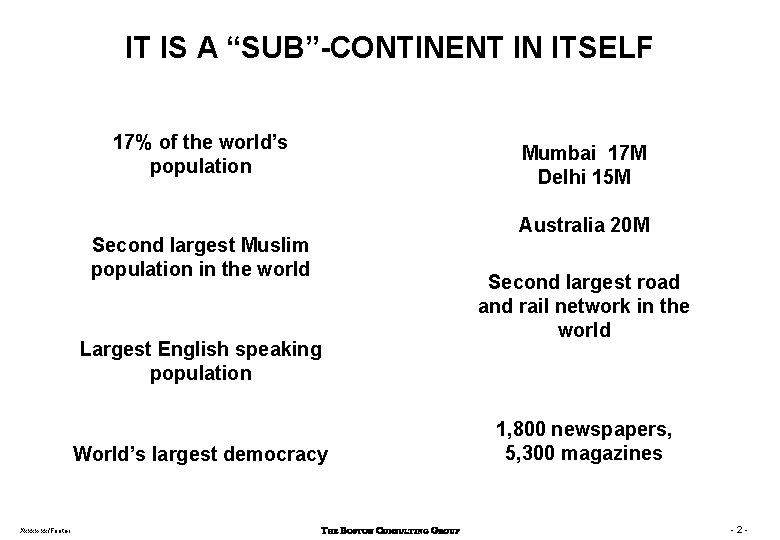 IT IS A “SUB”-CONTINENT IN ITSELF 17% of the world’s population Second largest Muslim